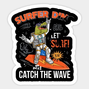 funny cool dude in space suit surfer dino green t rex catch the wave on space surfboard Sticker